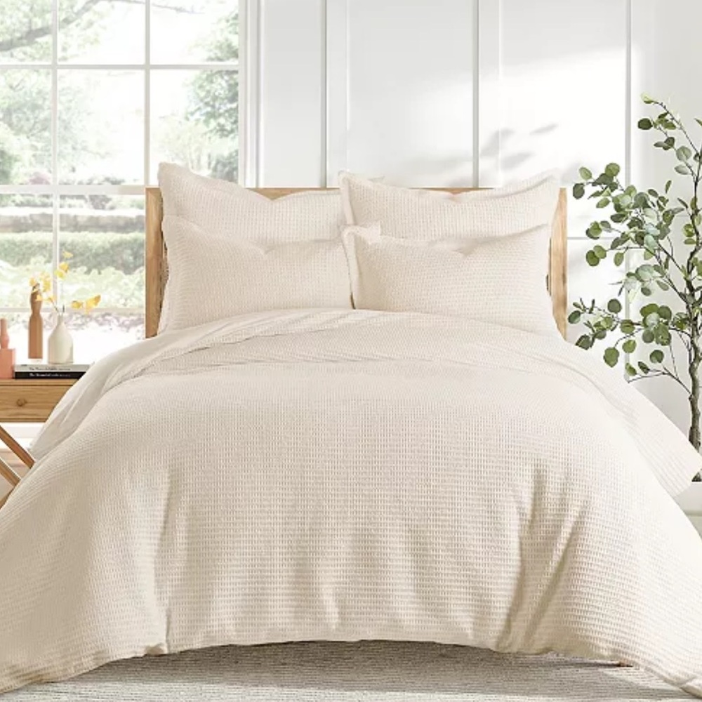 INUP Home Queen Size Duvet & Shams 100% Cotton from Portugal Cream Waffle Weave